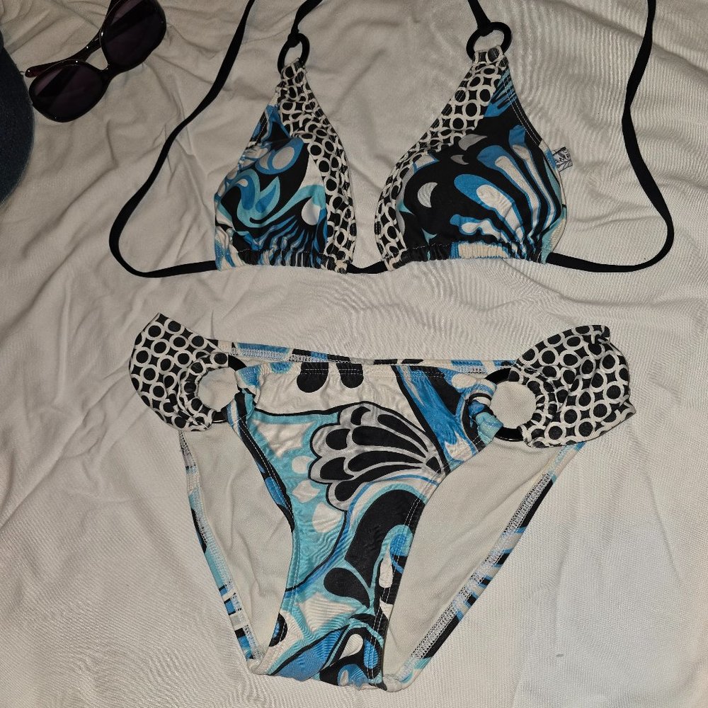 Rampage Black, Blue & White Hoops Fun Bikini Bathing Suit Size XS